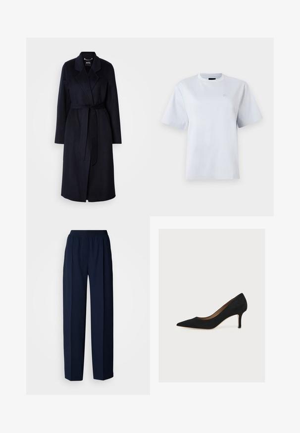 Mørkeblå uldfrakke med bælte i taljen, klippede krave, lange ærmer og en mellemlang kant. Glat tekstur, minimalistisk design, ingen synlige mønstre.; Hvid t-shirt med korte ærmer og rund halsudskæring med lille broderet logo på venstre bryst.; Navyblå bukser med lige ben, elastisk taljebånd og folder foran, vist mod en ensfarvet hvid baggrund.; Sort ruskindspumpe med spids snude, mellemhøj stiletthæl og tan indersål på en lys baggrund.