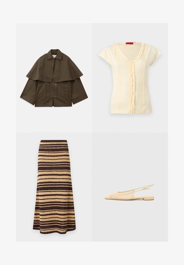 Bruine, vierkante jas met een kraag en een cape-achtige overlay. Beschikt over twee voorke pockets en drukknoopsluitingen om te bevestigen. Geproduceerd van gestructureerd katoen.; Roomkleurig kort mouw ribgebreid topje met V-hals, voorzien van ruches in het midden en langs de halslijn, en een rood label met MAX&Co.; Gebreide rok met afwisselende bruine en beige strepen, een elastische tailleband en een uitlopende silhouet, met een gestructureerde stof.; Slingback ballerina in lichtbeige met een mesh bovenwerk, spitse neus en een lage hak. Voorzien van een verstelbare band voor een goede pasvorm.