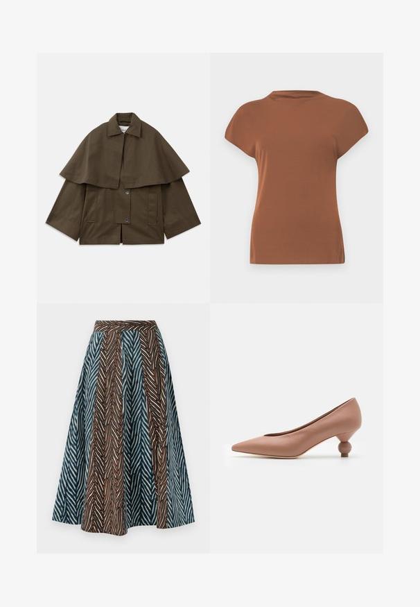 Bruine, vierkante jas met een kraag en een cape-achtige overlay. Beschikt over twee voorke pockets en drukknoopsluitingen om te bevestigen. Geproduceerd van gestructureerd katoen.; Bruine kortekorte mouw top van zacht materiaal, met een ronde halslijn en een ontspannen pasvorm, met een gladde textuur en geen zichtbare patronen.; Bruine en blauwe midi rok met een zigzagpatroon, geplooid ontwerp en een aansluitende tailleband. Gemaakt van lichtgewicht stof.; Weekend Max Mara RENZA - Klassieke pumps - nudo