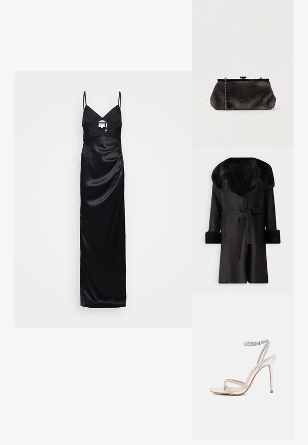 Manteau noir avec un large col en fausse fourrure, des poignets texturés et une ceinture à la taille. Matière lisse avec une silhouette droite et un devant ouvert.; Robe de soirée en satin noir avec fines bretelles, décolleté en V, bustier plissé et taille cintrée, présentée sur un fond clair et neutre.; Sandale à talons hauts en argent avec des fines lanières, ornée de strass, présentant un design épuré et un bout pointu.; Pochette noire en mesh avec une silhouette structurée, ornée de petits clous métalliques, dotée d'une fermeture à clip et d'une bandoulière en chaîne détachable.