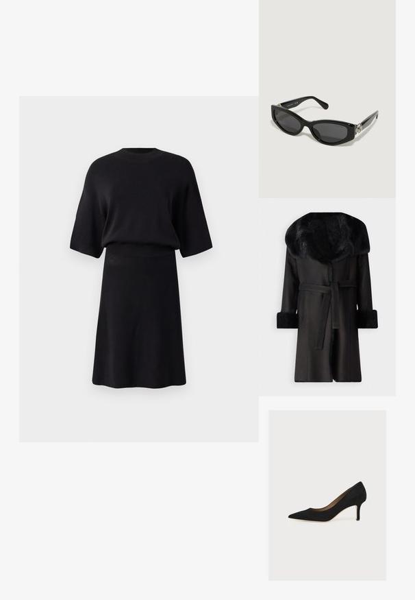 Abrigo negro con un amplio cuello de piel sintética, puños texturizados y un cinturón en la cintura. Material suave con una silueta recta y abertura en la parte delantera.; Vestido de punto negro con cuello redondo, mangas cortas tipo murciélago y cintura ajustada. Textura suave, largo hasta la rodilla y una silueta sencilla.; Zapato de salón negro de ante con punta afilada, tacón stiletto de altura media y suela interior color cuero claro sobre un fondo claro.; Gafas de sol negras con forma de ojo de gato, montura de plástico brillante, lentes oscuros y detalle de hardware plateado en las patillas.