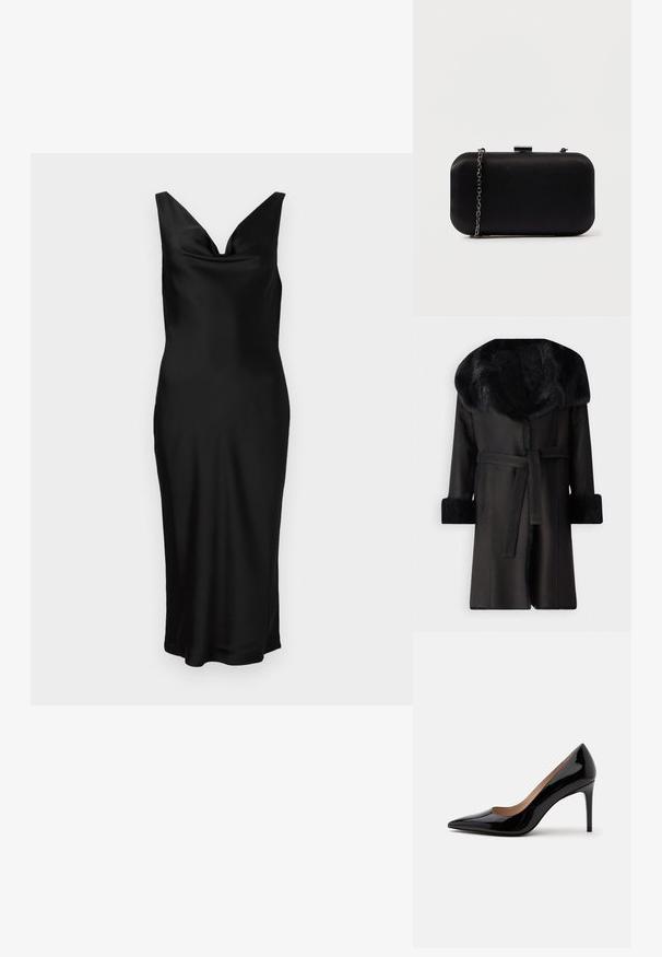 Manteau noir avec un large col en fausse fourrure, des poignets texturés et une ceinture à la taille. Matière lisse avec une silhouette droite et un devant ouvert.; Robe en satin noir avec un décolleté en V et une conception sans manches. La coupe ajustée présente un corsage drapé et tombe jusqu'à mi-mollet. Texture lisse.; Escarpin en cuir verni noir à talon haut avec bout pointu et talon aiguille, présenté de profil sur un fond blanc uni.; Pochette rectangulaire noire en matériau lisse. Équipée d'une bandoulière en chaîne détachable et d'un fermoir métallique sur le dessus. Design simple avec des bords arrondis.