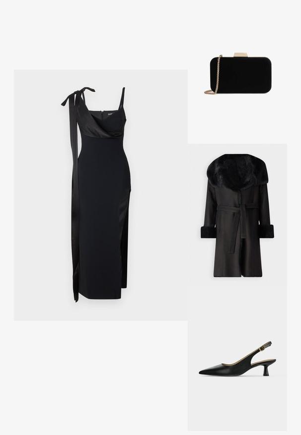 Abrigo negro con un amplio cuello de piel sintética, puños texturizados y un cinturón en la cintura. Material suave con una silueta recta y abertura en la parte delantera.; Vestido negro con un diseño ajustado, acentos de satén y una abertura lateral. Presenta tirantes finos y un escote drapeado favorecedor con un detalle de lazo.; Zapato slingback negro de punta afilada, tacón bajo, correa con hebilla dorada y tacón acampanado, mostrado sobre un fondo claro y liso.; Clutch de terciopelo negro con herrajes en tono dorado, de forma rectangular y con correa de cadena, que presenta una textura suave y sin patrones visibles.