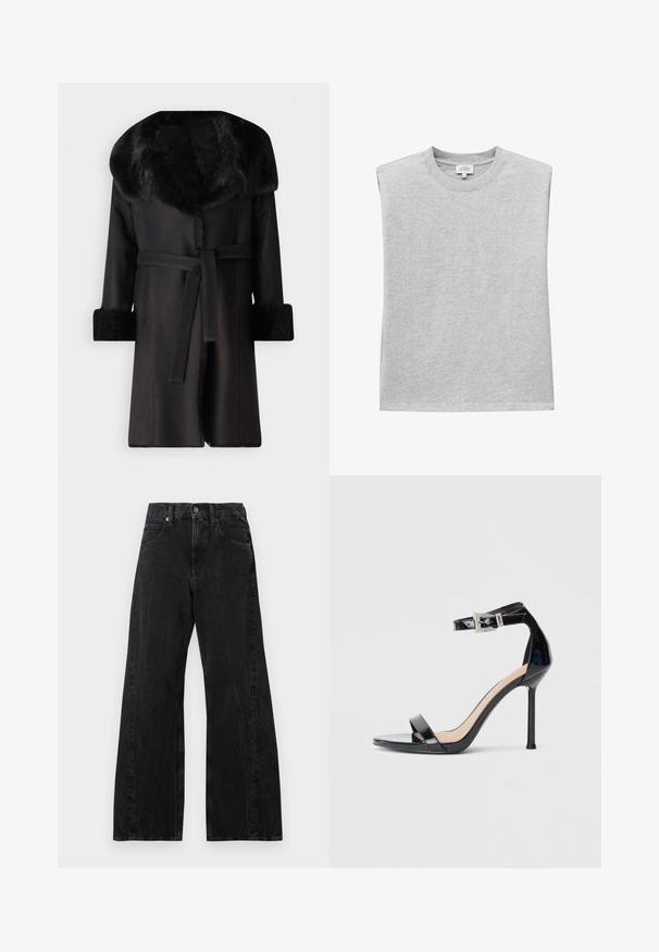 Abrigo negro con un amplio cuello de piel sintética, puños texturizados y un cinturón en la cintura. Material suave con una silueta recta y abertura en la parte delantera.; Camiseta sin mangas de algodón gris con hombros acolchados y escote redondo, mostrada plana.; Vaqueros negros de talle alto y pierna ancha, con cierre frontal de botones, trabillas para cinturón y bolsillos, colocados planos sobre un fondo blanco.; Sandalia de tacón alto en piel sintética negra con correa en el tobillo. Presenta un diseño minimalista, punta abierta y una hebilla con detalles de pedrería.