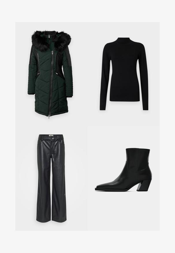 Groene gewatteerde jas met een zwart faux-fur capuchon, geborduurde textuur, zijritsen en geribbelde zwarte accenten op de mouwen en schouders.; Zwart nauwsluitend coltrui met lange mouwen, geribde manchetten en zoom op een lichtgrijze achtergrond.; Zwarte neplederen wijde broek met hoge taille, voorzien van een strikdetail in de taille en zakken aan beide zijden. Glad van textuur.; Zwarte leren enkelboot met een spitse neus, een slanke silhoeet en een chunky vierkante hak. Gladde textuur met minimale stikdetails.