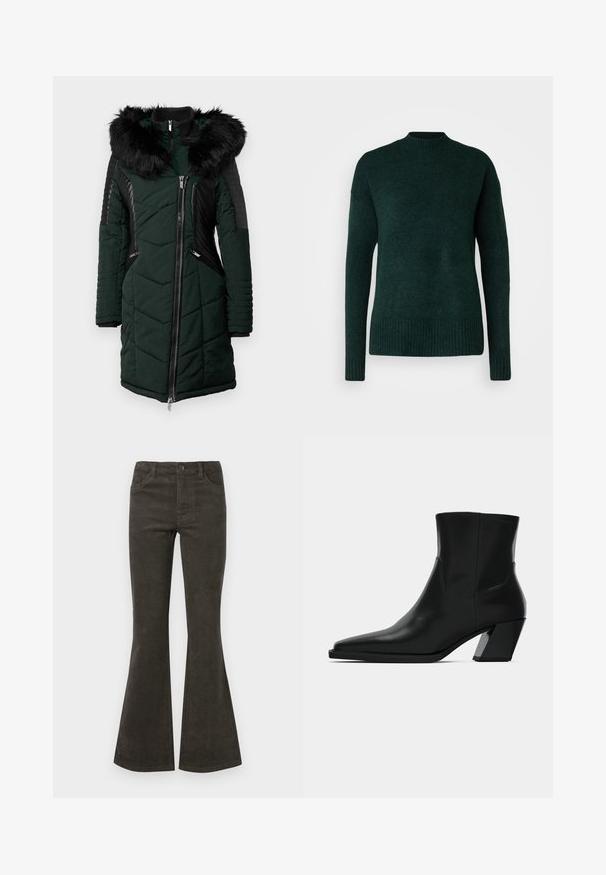 Grøn polstret frakke med en sort faux fur hætte, kviltet tekstur, sidelommer med lynlås og ribbede sorte detaljer på ærmer og skuldre.; Vero Moda Tall VMLEFILE BOXY - Striktrøje - scarab melange; Bredde corduroy bukser i mørke olivenfarve, med knap- og lynlåslukning, fem lommer og en diskret ribbet tekstur.; Sortlæder ankelstøvle med spids tå, en slank silhuet og en kraftig firkantet hæl. Glat tekstur med minimale stikninger.