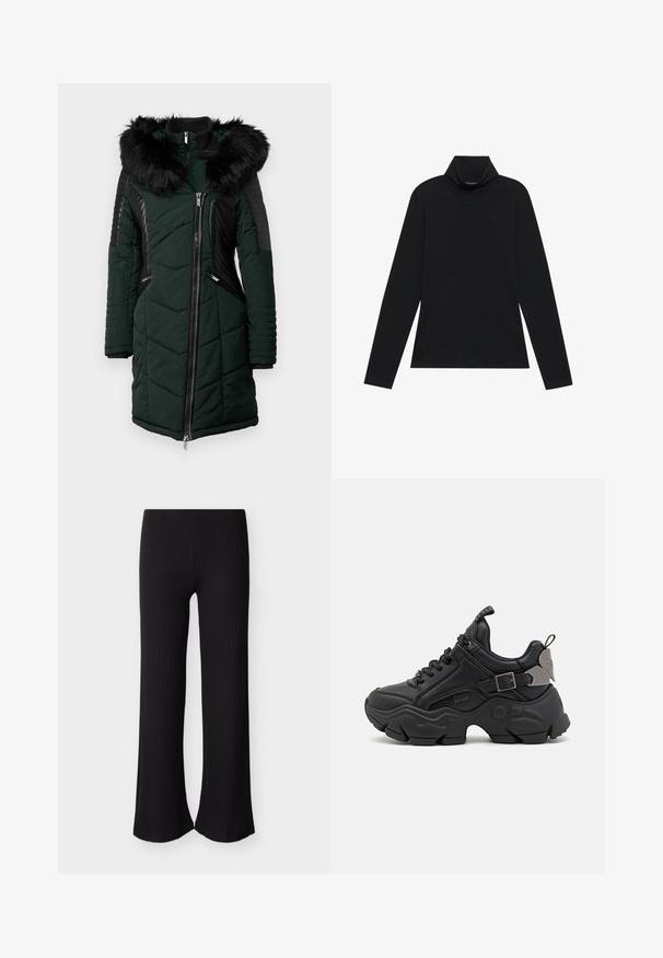 Grøn polstret frakke med en sort faux fur hætte, kviltet tekstur, sidelommer med lynlås og ribbede sorte detaljer på ærmer og skuldre.; Sort turtleneck med lange ærmer. Blødt stof, tætsiddende design, høj krave og sidesøm. Simpel og alsidig stil, der er velegnet til lag-på-lag.; Sorte, ribstrikkede bukser med vid ben og tekstureret overflade, med en tætsiddende talje og udvidede benbukser for en afslappet pasform.; Sort sneakers med en struktureret læderoverdel, kraftig gummisål, snøre lukning og en metalaccent på hælen. Moderne designelementer inkluderet.
