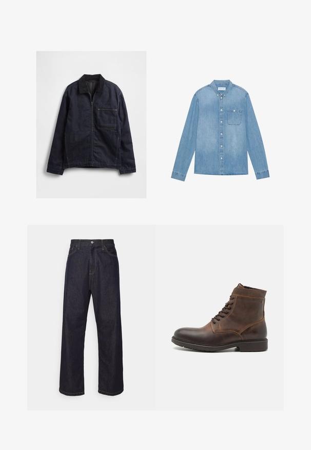 Veste en denim bleu foncé avec fermeture éclair à l'avant, col en velours côtelé, manches longues, et une grande poche carrée sur la poitrine, sur fond blanc.; Chemise en denim bleu clair à boutons, manches longues, col pointu, poche poitrine unique et décoloration subtile sur le tissu.; Jean en denim droit bleu foncé avec des coutures jaunes, bouton frontal, fermeture éclair, et cinq poches.; Jack & Jones JFWDELANEY BOOT - Bottines à lacets - cognac