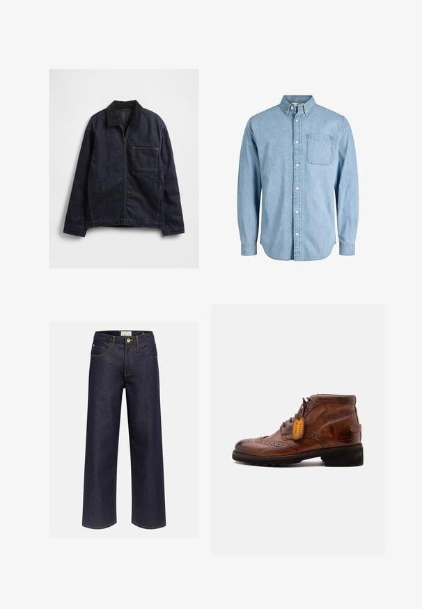 Veste en denim bleu foncé avec fermeture éclair à l'avant, col en velours côtelé, manches longues, et une grande poche carrée sur la poitrine, sur fond blanc.; Chemise en denim bleu clair à boutons, manches longues, col, poche avant et texture subtile. Présente des boutons blancs le long de la patte de boutonnage.; Jean en denim bleu foncé à coupe large, taille haute, poches avant, passants de ceinture et coutures jaunes apparentes, présenté sur un fond uni.; Bottine brogue en cuir marron avec lacets, semelle noire et une étiquette "Stone Washed" attachée aux lacets sur fond blanc.