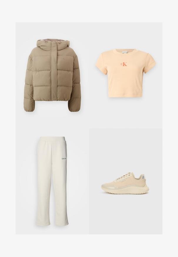 Pufová bunda Calvin Klein v béžovej farbe s kapucňou, s boxy strihom, prešívanou textúrou a elastickými manžetami. Logo diskrétne embosovaná na prednej strane.; Svetloružový krátky crop top s krátkymi rukávmi vyrobený z rebrovanej bavlny, s centrálnym logom v tmavšej oranžovej farbe a minimálnymi detailmi šitia.; Krémové tepláky Calvin Klein s voľným strihom, elastickým pásom a malým zeleným logom na ľavej strane. Mäkka a hladká textúra.; Béžové tenisky s hladkým lakovaným špičkou a hornou časťou, zdobené textúrovanou medzipodrážkou a gumovou podrážkou s dezénom. Obsahujú značkovú štítok.