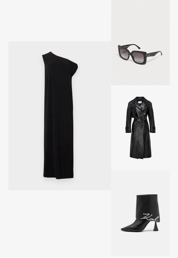 Zwarte leren trenchcoat met brede revers, een ceintuur met een dubbele ringgesp in de taille, lange mouwen en mouwbandjes.; Zwarte maxi-jurk met één schouder, rechte snit en zonder zichtbare versieringen, getoond tegen een effen lichte achtergrond.; Zwarte leren enkellaarzen met een puntige neus, hoge blokhak en een opgevouwen bovenkant met een zilveren "Zaul" logo detail.; Zwarte rechthoekige zonnebril met gradient lenzen, oversized montuur en decoratieve kristallen accenten aan de buitenranden van de tempels.