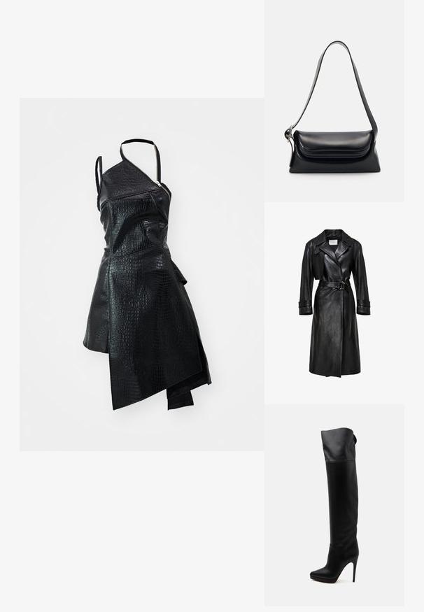 Manteau trench en cuir noir avec larges revers, taille ceinturée avec boucle à double anneau, manches longues et sangles aux poignets.; Robe noire en simili cuir, avec un design asymétrique, un motif crocodile texturé et une fermeture éclair sur le côté. Une bretelle seule est incluse.; Botte en cuir noire montant jusqu'au genou avec bout pointu et talon haut aiguille sur fond blanc.; Sac à main en cuir noir avec une forme structurée, une texture lisse et une seule bandoulière. Présente un design de rabat arrondi et subtil.
