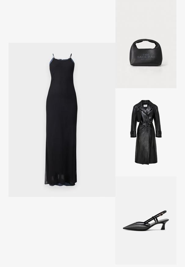 Zwarte leren trenchcoat met brede revers, een ceintuur met een dubbele ringgesp in de taille, lange mouwen en mouwbandjes.; Zwarte maxi-jurk met dunne bandjes, getailleerd silhouet en zijsplitten. Zachte, vloeiende stof met een gladde textuur. Geaccentueerde halslijn.; Zwarte slingbackschoen met puntige neus, mesh bovenwerk, dunne bandjes, gouden gesp en lage gebogen hak op witte achtergrond.; Zwarte leren handtas met een gestructureerde vorm, korte handgreep en de ingedrukte tekst "THE SACK BAG" aan de voorkant. Ritsluiting aan de bovenkant.