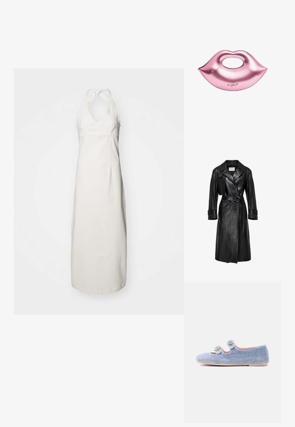 Sort læder trenchcoat med brede klaffer, belted talje med dobbelt-ring spænde, lange ærmer og manchetter med stropper.; Fête Impériale ELISABETH DRESS - Maxikjoler - écru; Lyseblå denim flad sko med to justerbare spænderemme og en beige sål, vist i sideprofil på en hvid baggrund.; Skinnende pink håndtaske formet som læber med ovalt udskåret håndtag og lille kursivlogo nederst til højre.