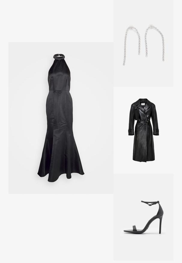 Sort læder trenchcoat med brede klaffer, belted talje med dobbelt-ring spænde, lange ærmer og manchetter med stropper.; Jarlo TRELLA - Gallakjole - black; Sorte højhælede sandaler med åben tå, tynde stropper og spænde om anklen. Glat lædertekstur med spidse tådesign.; Sølvøreringe med hængende kæder, prydet med flere klare ædelsten arrangeret i et lineært mønster, der giver en glitrende effekt.