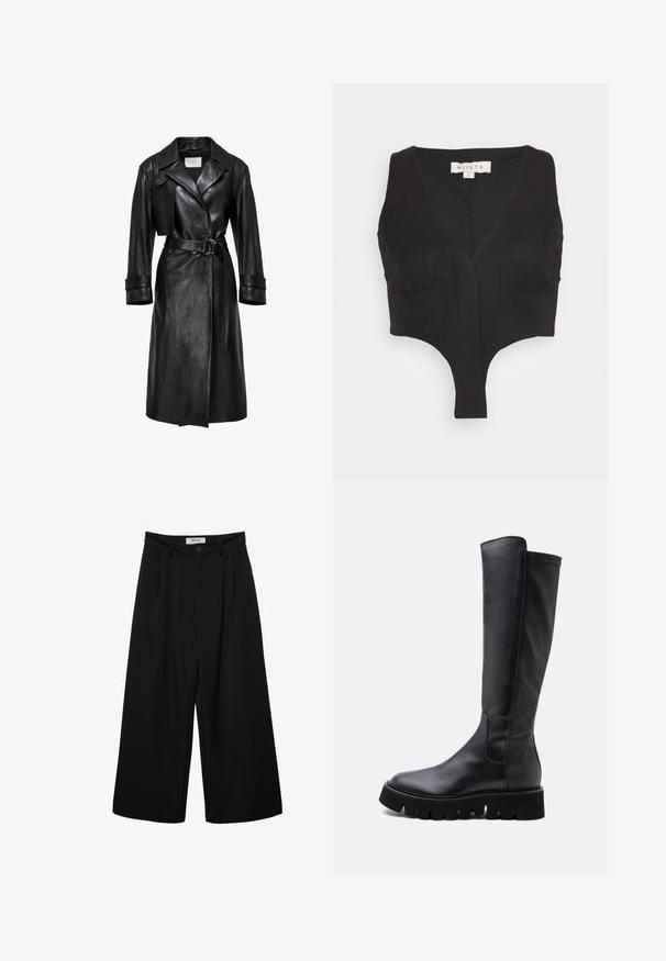 Sort læder trenchcoat med brede klaffer, belted talje med dobbelt-ring spænde, lange ærmer og manchetter med stropper.; MIISTA THELMA CORSET - Top - black; Sorte bukser med vide ben og høj talje, med forreste læg, to sidelommer og knaplukning. Glat stoftekstur.; Høj sort læderstøvle med tyk, ribbet sål og rundet tå, vist fra siden på en ensartet lys baggrund.