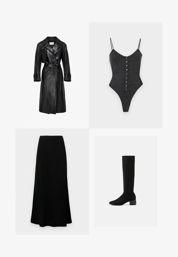 Zwarte leren trenchcoat met brede revers, een ceintuur met een dubbele ringgesp in de taille, lange mouwen en mouwbandjes.; Zwarte geribbelde bodysuit met dunne schouderbandjes en een rij kleine zwarte knoopjes aan de voorkant, plat neergelegd op een witte achtergrond.; Zwarte midi-rok met een aansluitende tailleband, uitlopende zoom, een gladde textuur en zonder zichtbare patronen of accenten.; Zwarte rekbare laars tot aan de knie met een afgeronde blokhak en een licht puntige neus, weergegeven van opzij op een witte achtergrond.