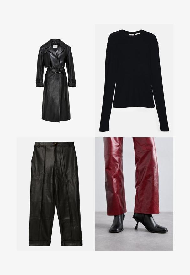 Sort læder trenchcoat med brede klaffer, belted talje med dobbelt-ring spænde, lange ærmer og manchetter med stropper.; Sort langærmet bluse lavet af blødt stof, med rund halsudskæring og en afslappet pasform med sideslids i kanten for nem bevægelse.; AERON ZIMA PANTS - Skindbukser - black; Sorte ankelstøvler med højhælede og spidse tæer, i en vinkelret design, parret med højtaljede røde læderbukser med et subtilt mønster.