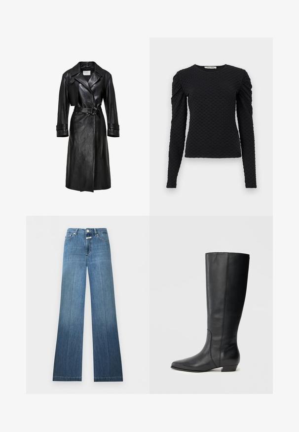 Sort læder trenchcoat med brede klaffer, belted talje med dobbelt-ring spænde, lange ærmer og manchetter med stropper.; Sort langærmet tekstureret top med hævet prikmønster og let puf på skuldrene, rund halsudskæring og figursyet silhuet.; Blå denimjeans med høj talje, knaplukning, lommer foran og bagpå samt en let udvidelse forneden.; Sorte knæhøje læderstøvler med spids tå og lav blokhæl, med en glat tekstur og et rent, strømlinet design.
