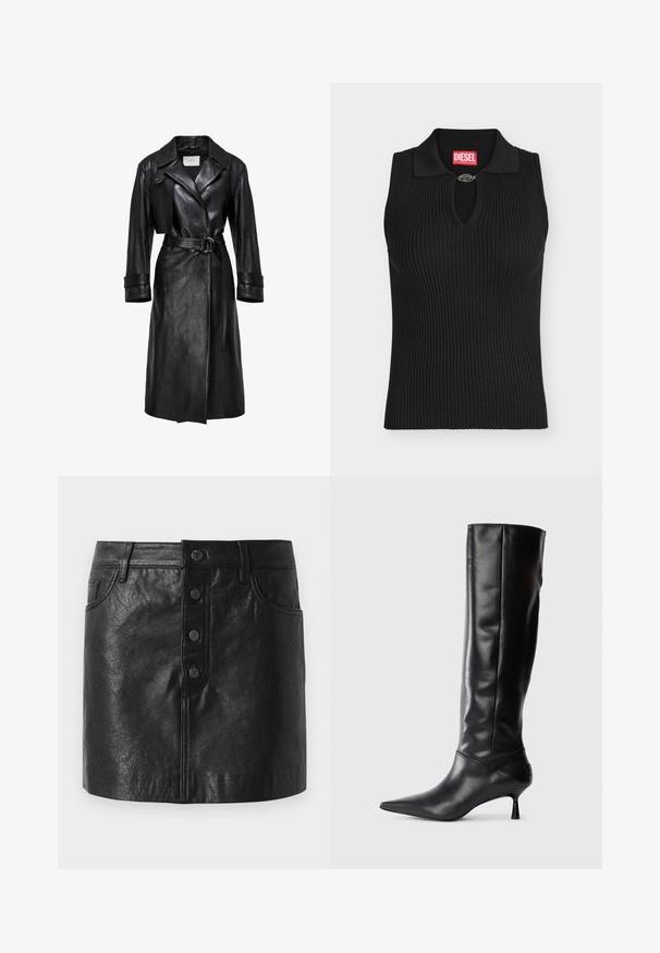 Zwarte leren trenchcoat met brede revers, een ceintuur met een dubbele ringgesp in de taille, lange mouwen en mouwbandjes.; Zwarte mouwloze geribbelde gebreide top met kraag en een kleine metalen gesp bij de halslijn, met een rood Diesel merklabel aan de binnenkant van de kraag.; Zwarte leren rok met een hoge tailleband, knoopsluiting aan de voorkant, twee zijzakken en een licht A-lijnvorm. Gestructureerde afwerking.; Zwarte leren kniehoge laars met een spitse neus en slanke gebogen hak. Gladde textuur, aansluitend ontwerp en geen zichtbare hardware of patronen.