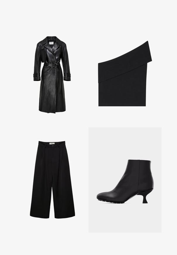 Sort læder trenchcoat med brede klaffer, belted talje med dobbelt-ring spænde, lange ærmer og manchetter med stropper.; Asymmetrisk sort top i blødt stof, med en enkelt bred skulderrem og et figursyet design med en kant ved taljen.; Sorte bukser med vide ben og høj talje, med forreste læg, to sidelommer og knaplukning. Glat stoftekstur.; Sort læderankelstøvle med spids tå og unik buet hæl i mellemstor højde, vist på en ensfarvet lysegrå baggrund.