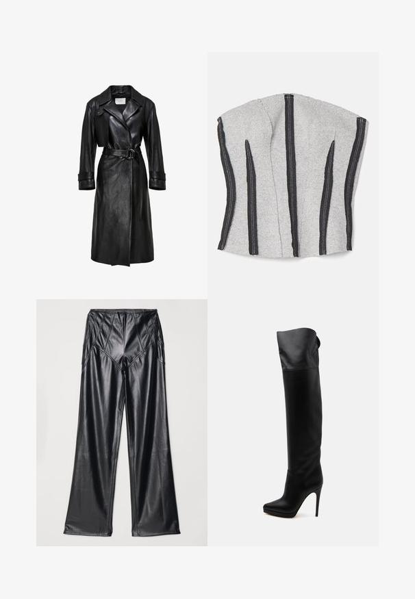 Sort læder trenchcoat med brede klaffer, belted talje med dobbelt-ring spænde, lange ærmer og manchetter med stropper.; ECKHAUS LATTA RAW - Top - dust; Sorte kunstlæderbukser med en glat tekstur, brede ben og syninger langs taljen og siderne. Præsenteret i flad visning.; Sort knæhøj læderstøvle med spids tå og høj stiletthæl på hvid baggrund.