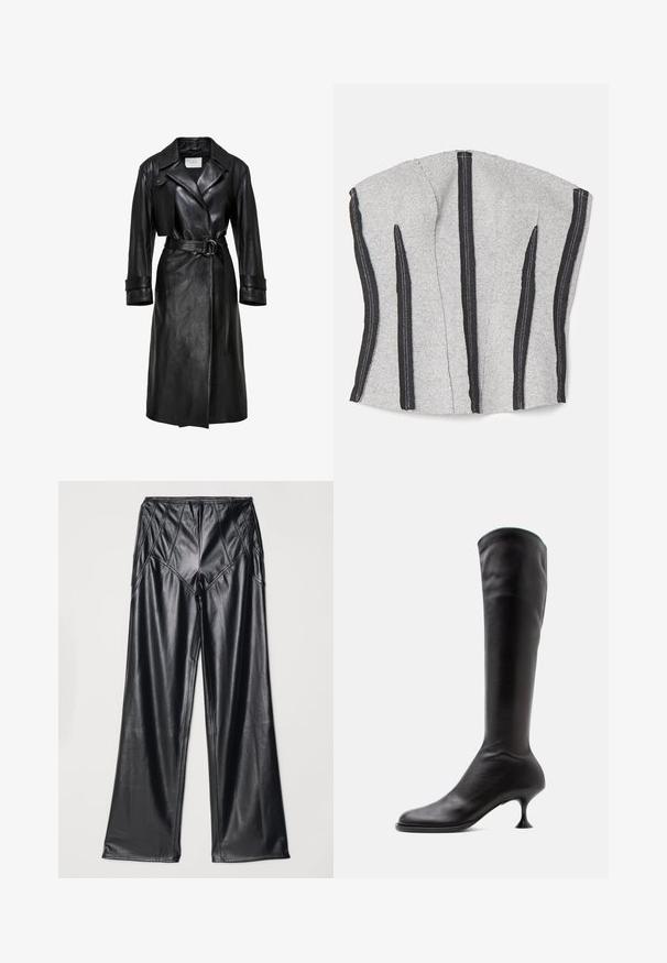 Manteau trench en cuir noir avec larges revers, taille ceinturée avec boucle à double anneau, manches longues et sangles aux poignets.; ECKHAUS LATTA RAW - Débardeur - dust; Pantalons en simili cuir noir avec une texture lisse, des jambes larges et des coutures le long de la taille et des côtés. Présentation à plat.; Botte en cuir noire montant jusqu'au genou avec un bout arrondi et un talon moyen fin et courbé sur fond blanc.