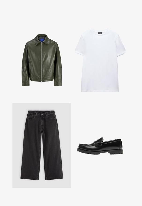 Veste en cuir vert olive avec un col pointu et une fermeture éclair à l'avant. Elle présente une texture de surface et des manches longues avec une coupe droite.; T-shirt blanc uni à manches courtes, col rond, avec une étiquette noire Pull&Bear à l'intérieur du col, présenté sur fond blanc.; Jean en denim noir à jambes larges avec poches avant, passants pour ceinture et fermeture par boutons, présenté sur un fond clair uni.; Mocassin en cuir noir avec une semelle en caoutchouc épaisse et un détail classique de bride à monnaie, vu de côté extérieur.