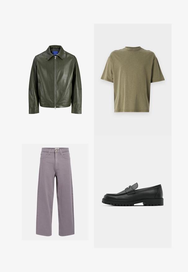 Veste en cuir vert olive avec un col pointu et une fermeture éclair à l'avant. Elle présente une texture de surface et des manches longues avec une coupe droite.; T-shirt court couleur olive en tissu doux, avec un col ras du cou haut et des manches courtes à la coupe décontractée.; Jeans droits lavande-gris avec poches avant et arrière, passants de ceinture et bouton de fermeture à la taille.; Mocassins en cuir noir à bout arrondi, avec un design cousu, une semelle plateforme basse et une semelle en caoutchouc texturée et crantée.