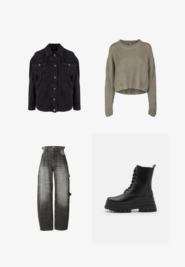 Sort denimjakke med metal knapper foran, to brystlommer med klapper og knapper samt klassisk krave.; Olivengrøn, kort striktrøje med et tekstureret mønster, rund hals og lange ærmer. Tykt ribkant ved kanten og ærmerne.; Sorte jeans med vide ben, høj talje, forlommer og bæltestropper, med en lomme detalje på højre ben.; Sorte læder ankelstøvler med en chunky platformsål, snøre design og metaløjer. Har en strop bagpå for nem påtagning.