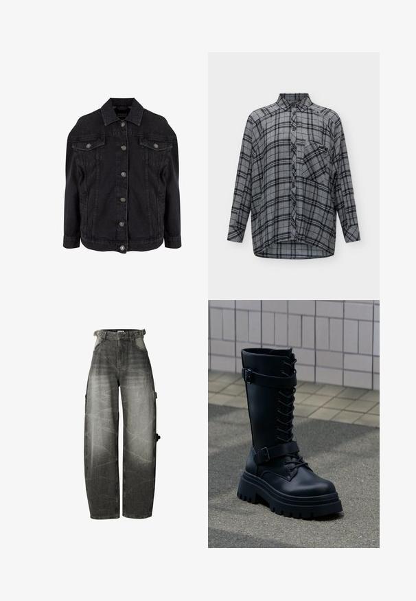 Sort denimjakke med metal knapper foran, to brystlommer med klapper og knapper samt klassisk krave.; Langærmet grå og sort ternet skjorte med krave og en lomme foran på venstre side.; Sorte jeans med vide ben, høj talje, forlommer og bæltestropper, med en lomme detalje på højre ben.; Sort læder knæhøj kampstøvle med tyk knot sål, front snørebånd og to justerbare stropper med spænder på flisegulv og fortov baggrund.