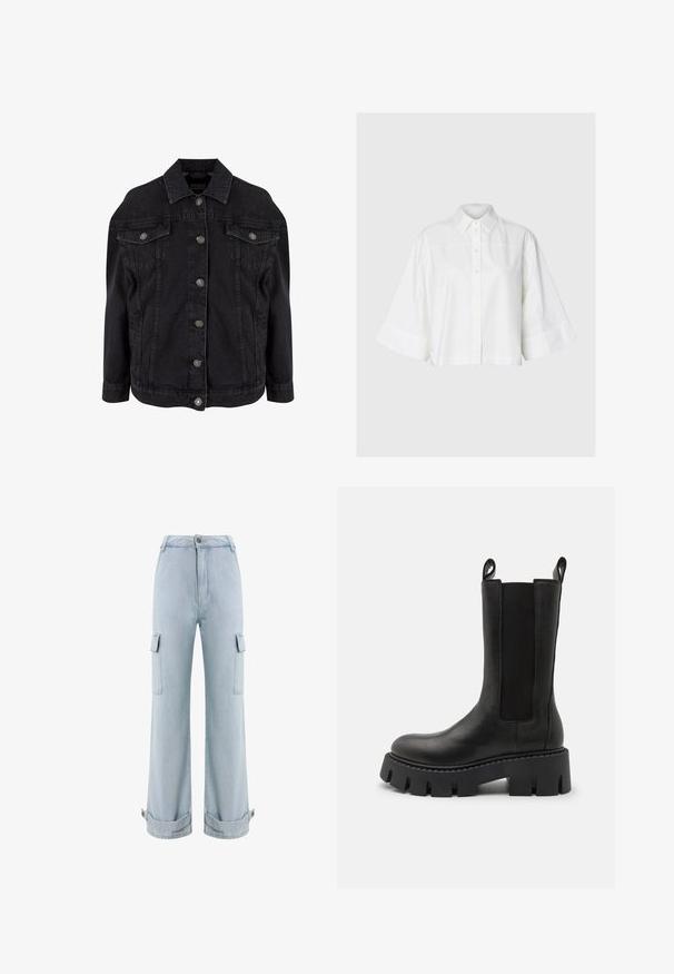 Sort denimjakke med metal knapper foran, to brystlommer med klapper og knapper samt klassisk krave.; Hvid skjorte med knapper, med brede trekvartærmer og klassisk krave, vist fladt på en lys grå baggrund.; Lysblå denim cargo bukser med brede ben, der har to sidelommer, en knaplukning og opbrettede afslutninger. Glat tekstur og afslappet design.; Sorte læder ankelstøvler med elastiske sidedele, trækremme, kraftig sål med mønster og forstærkede syninger. Overfladen har en glat struktur.