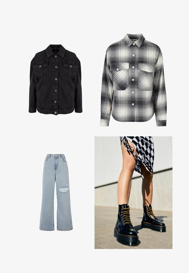Schwarze Denimjacke mit Metallknöpfen vorne, zwei Brustklappentaschen mit Knöpfen und klassischem Kragen.; Karierte Flanellhemd in Schwarz, Weiß und Grau. Mit Knopfverschluss, zwei Brusttaschen und langen Ärmeln mit geknöpften Manschetten.; Hellblaue Denim-Jeans im Schlagdesign mit hoher Taille, ausgefransten Stellen und einem rohen Saum. Weicher Stoff mit lockerer Passform.; Schwarze Leder-Plateau-Stiefel mit klobigen Sohlen, goldenen Schnürsenkeln und orangefarbenen Nähten, kombiniert mit einem karierten Rock, der einen seitlichen Schlitz zeigt.
