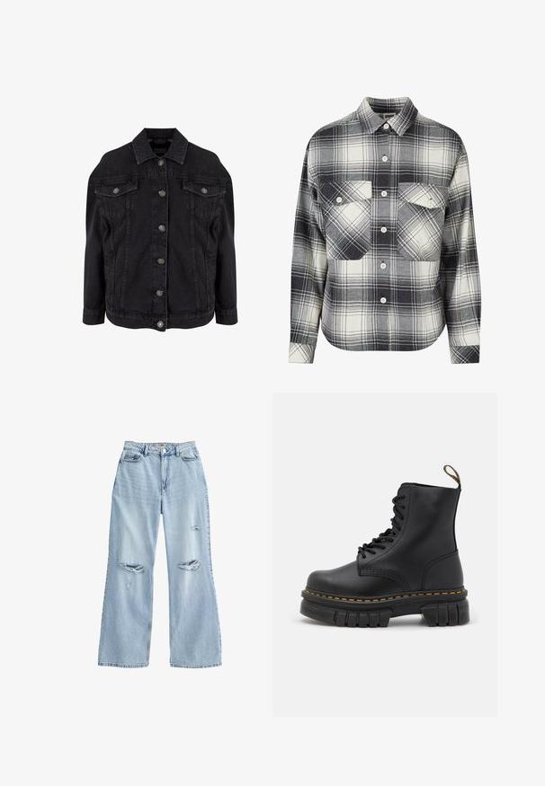 Sort denimjakke med metal knapper foran, to brystlommer med klapper og knapper samt klassisk krave.; Rutet flannel skjorte i sort, hvid og grå. Har knaplukning foran, to brystlommer og lange ærmer med knapmansjetter.; Lyseblå, vide jeans i denim med slidte revner på lårene, høj talje og standard fem-lomme design.; Sort læder snørre støvle med en kraftig sål, gul syning, rund tå og en træksløjfe bagpå for nem påtagning.