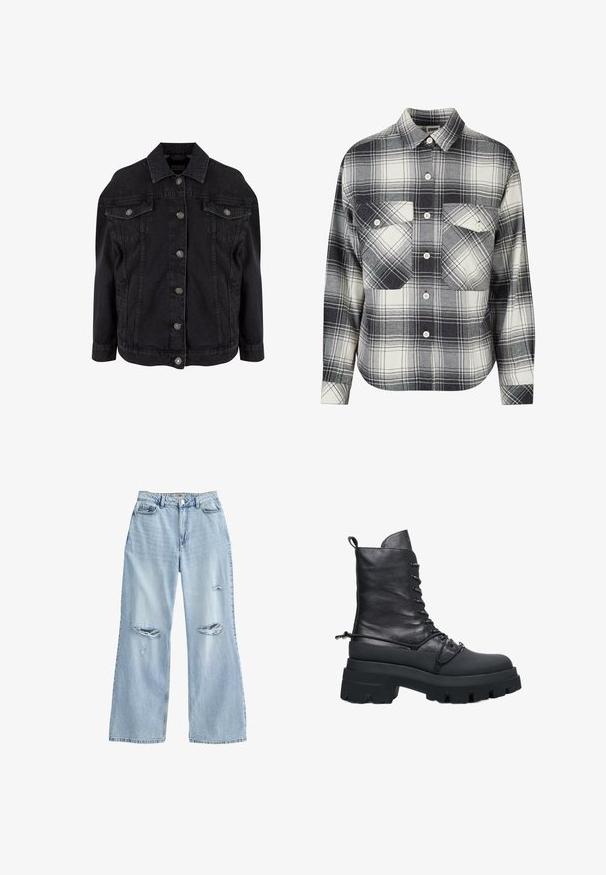 Schwarze Denimjacke mit Metallknöpfen vorne, zwei Brustklappentaschen mit Knöpfen und klassischem Kragen.; Karierte Flanellhemd in Schwarz, Weiß und Grau. Mit Knopfverschluss, zwei Brusttaschen und langen Ärmeln mit geknöpften Manschetten.; Helle blaue weite Jeans aus Denim mit aufgerissenen Rissen an den Oberschenkeln, hoher Taille und klassischem Fünf-Taschen-Design.; Schwarze Schnürstiefelette aus Leder mit einer massiven Plateausohle, die eine strukturierte Oberfläche und eine Zugschlaufe an der Rückseite aufweist.