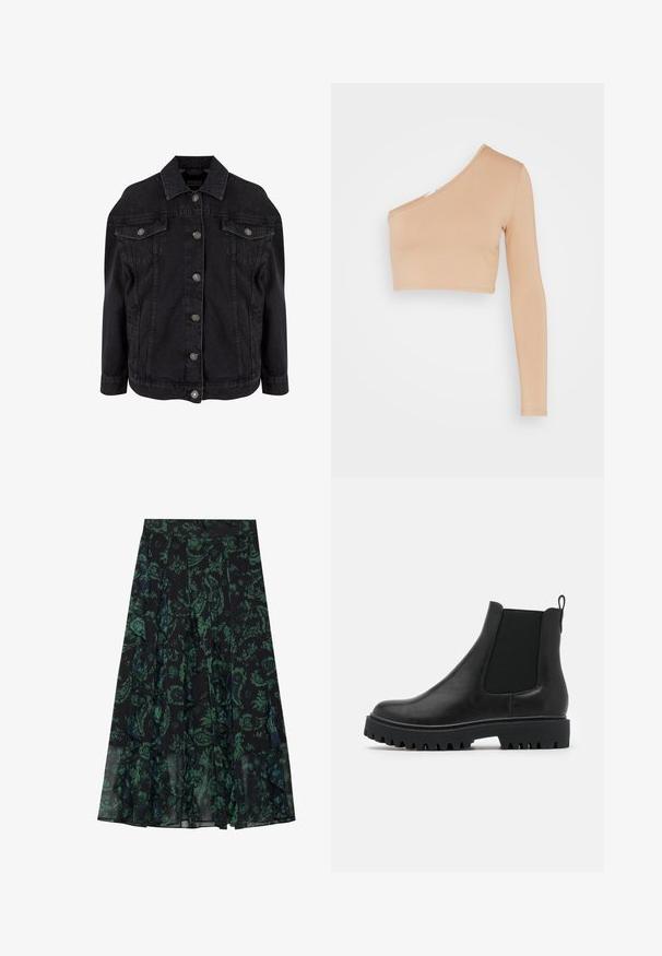 Sort denimjakke med metal knapper foran, to brystlommer med klapper og knapper samt klassisk krave.; WAL G. MILLY ONE SLEEVE CROP - Langærmet T-shirt - camel; Sort nederdel med grønt blomstermønster, med bølgende kanter og frynser. Fremstillet af letvægtsstof, som giver en flydende silhuet.; Sorte læder Chelsea-støvler med elastiske sidestykker, en påtrækningssløjfe og en solid, tyk sål med dybe riller for bedre greb.
