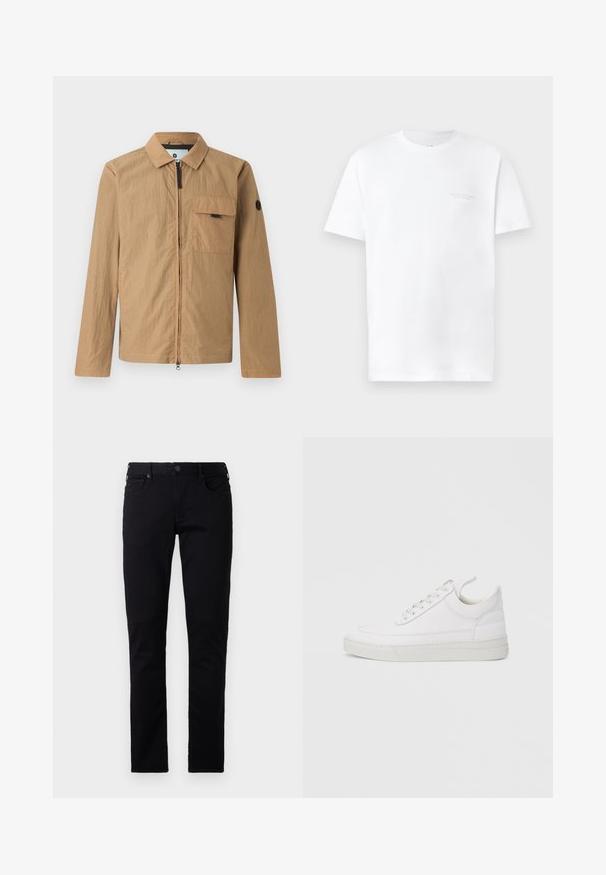 Chaqueta ligera marrón con un acabado texturizado, zipper frontal, bolsillo en el pecho y un parche con logo redondo en la manga izquierda.; Camiseta de algodón blanca con mangas cortas, cuello redondo, con un sutil estampado de logo gris en la zona del pecho izquierdo y una textura suave.; Emporio Armani POCKETS PANT - Vaqueros slim fit - black denim; Zapatilla blanca de cuero con punta redondeada, suela plana y cierre de cordones. Presenta detalles de costuras y un cuello acolchado para mayor comodidad.