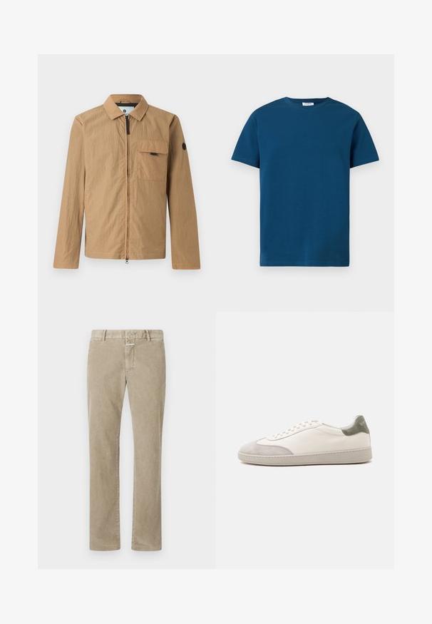 Chaqueta ligera marrón con un acabado texturizado, zipper frontal, bolsillo en el pecho y un parche con logo redondo en la manga izquierda.; Camiseta de cuello redondo de color azul oscuro, hecha de algodón suave, con mangas cortas y una textura simple y lisa, con un corte recto.; Pantalones de pana beige de pierna recta con lazo para cinturón y cierre frontal oculto, mostrados en plano sobre un fondo blanco.; Zapatilla blanca de caña baja con detalles de ante gris claro en la puntera y el talón, cordones blancos y una suela plana beige, vista desde el lado exterior.