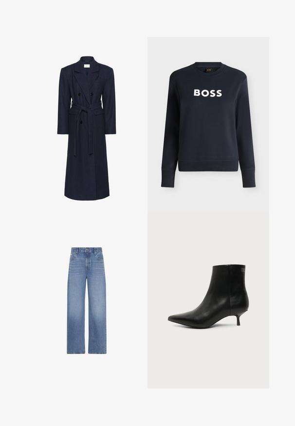 Dubbelzijdige marineblauwe wollen blend jas, lange mouwen, zelfbindende riem, twee voorzakken, gespreide kraag, gestructureerde stof.; Marineblauwe sweatshirt met lange mouwen en ronde hals, witte "BOSS" tekst gecentreerd op de borst en geribde manchetten en zoom.; Blauwe denim jeans met hoge taille en wijde pijpen, voorzakken, riemlussen en knoopsluiting.; Zwart leren enkellaars met puntige neus en lage kittenhak op lichte achtergrond, zijaanzicht buitenkant.