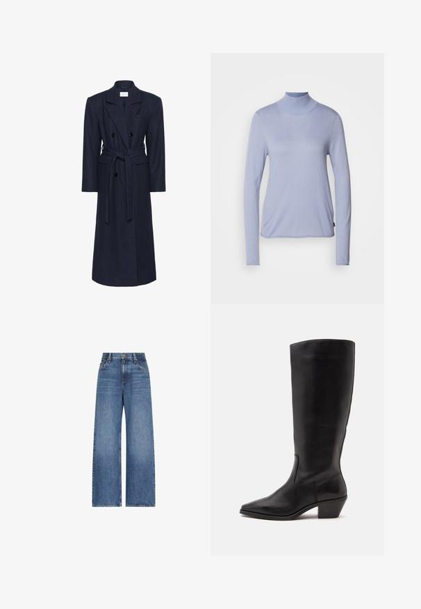 Dobbeltbrystet navy uldblandingsfrakke, lange ærmer, selvbindende bælte, to forlommer, notch-krave, textured stof.; Lyseblå langærmet turtleneck-top fremstillet af blødt stof, med en tætsiddende pasform og en glat tekstur. Minimalistisk stil uden mønstre.; Blå høj talje vidde-ben denim jeans med forreste knap og lynlås, bæltestropper og klassisk fem-lomme design.; Sort læderstøvle til midtkalv med spids tå og lavt skråt hæl på en enkel lys baggrund.
