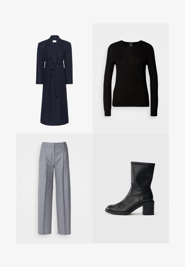 Dobbeltbrystet navy uldblandingsfrakke, lange ærmer, selvbindende bælte, to forlommer, notch-krave, textured stof.; Sort sweater lavet af et fint strikmateriale, med en rund halsudskæring og lange ærmer med tætsiddende mansjetter. Ingen synlige mønstre eller dekorationer.; Lys grå bredbenede bukser i et struktureret stof, med plisseringer foran og en skræddersyet talje. Minimalistisk design, ingen synlig hardware.; Sort læder ankelstøvle med rund tå, glat tekstur og en grov hæl, der har et tætsiddende skaft og subtil syning.