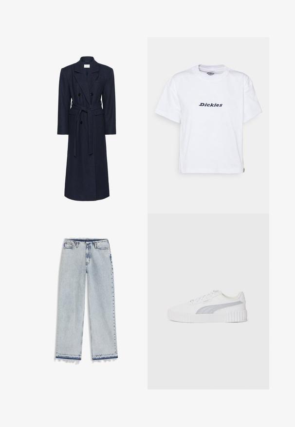 Doppelreihiger Wintermantel aus Navy-Wollmischung, lange Ärmel, selbstbindender Gürtel, zwei vordere Taschen, Reverskragen, strukturierter Stoff.; Dickies LORETTO TEE - T-Shirt print - white; Hellblaue Jeans mit weitem Bein, hoher Taille, Knopf- und Reißverschluss, vorderen Taschen und ausgefransten Saumkanten.; Weißer Sneaker mit einer strukturierten Gummisohle, grauem Akzentstreifen, Schnürdesign und glattem synthetischem Obermaterial. Mit gepolsterter Knöchelpartie.