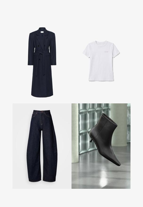 Doppelreihiger Wintermantel aus Navy-Wollmischung, lange Ärmel, selbstbindender Gürtel, zwei vordere Taschen, Reverskragen, strukturierter Stoff.; Weißes T-Shirt mit kurzen Ärmeln und Rundhalsausschnitt mit kleinem "Calvin Klein" Logo auf der oberen linken Brust.; Dunkelblaue weitem Bein Jeans aus Denim, mit hoher Taille, geradem Schnitt, fünf Taschen und Kontrastnähten.; Schwarzer Leder-Knöchelstiefel mit spitzer Spitze und kleinem Absatz vor einer Wand aus Glasbausteinen und einem polierten Boden.