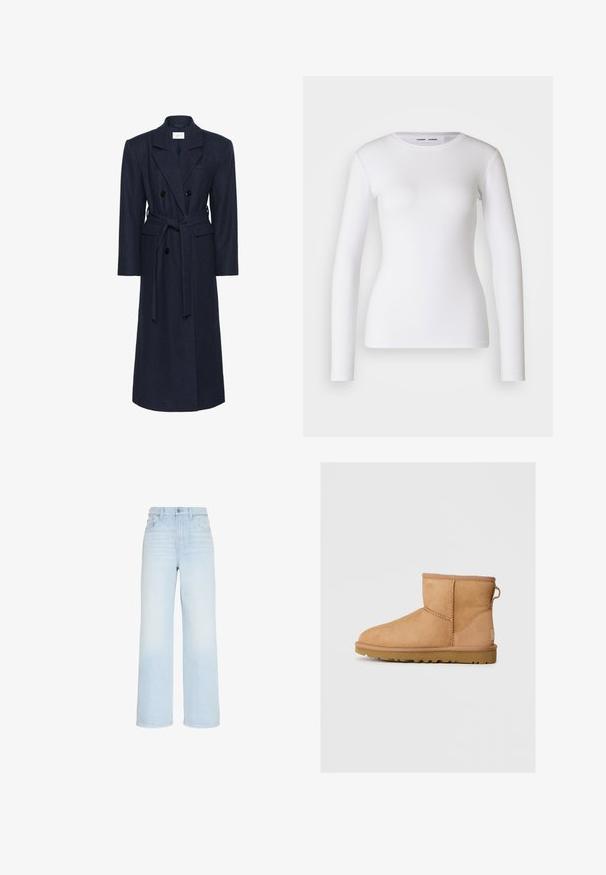 Dubbelzijdige marineblauwe wollen blend jas, lange mouwen, zelfbindende riem, twee voorzakken, gespreide kraag, gestructureerde stof.; Witte longsleeve shirt van ribstof, met een ronde halslijn en een getailleerde vorm. Er zijn geen patronen of accenten aanwezig.; Lichtblauwe, wijdvallende jeans met hoge taille, vooraan met knoop- en ritssluiting, riemlussen en voor- en achterzakken.; Tan suède enkellaars met ronde neus, gestikte details, trekhaak aan de achterkant en een gestructureerde rubberen zool. Ontworpen voor comfort en warmte.