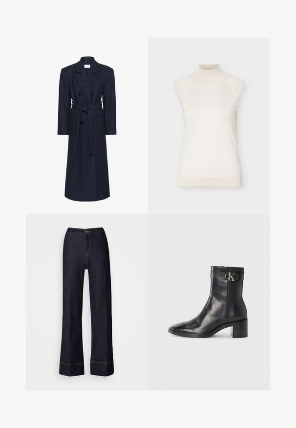 Dubbelzijdige marineblauwe wollen blend jas, lange mouwen, zelfbindende riem, twee voorzakken, gespreide kraag, gestructureerde stof.; Mouwloze crèmekleurige coltrui met geribbelde kraag en zoom, afgebeeld tegen een effen lichte achtergrond.; Donkerdenim wijde broek met hoge taille, voorzien van een knoopsluiting aan de voorkant en oranje stikselaccenten. Glad textuur overal.; Zwarte leren enkellaars met een spitse neus, blokhak en een bandje met een metallic logo. Gladde textuur en minimalistisch ontwerp.
