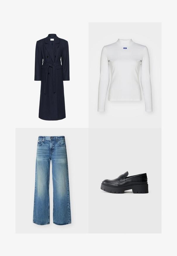 Dubbelzijdige marineblauwe wollen blend jas, lange mouwen, zelfbindende riem, twee voorzakken, gespreide kraag, gestructureerde stof.; Witte lange mouw turtleneck top van rekbare stof, met een strakke pasvorm en een klein blauw logo op de borst.; Lichtblauwe jeans met wijde pijpen, voorzien van een knoop- en ritssluiting aan de voorkant, voor- en achterzakken, en subtiele vervaagde details op de dijen en knieën.; Zwarte chunky platform loafers met een soepel leren bovenwerk, decoratieve band en dikke gestructureerde zool op een witte achtergrond.