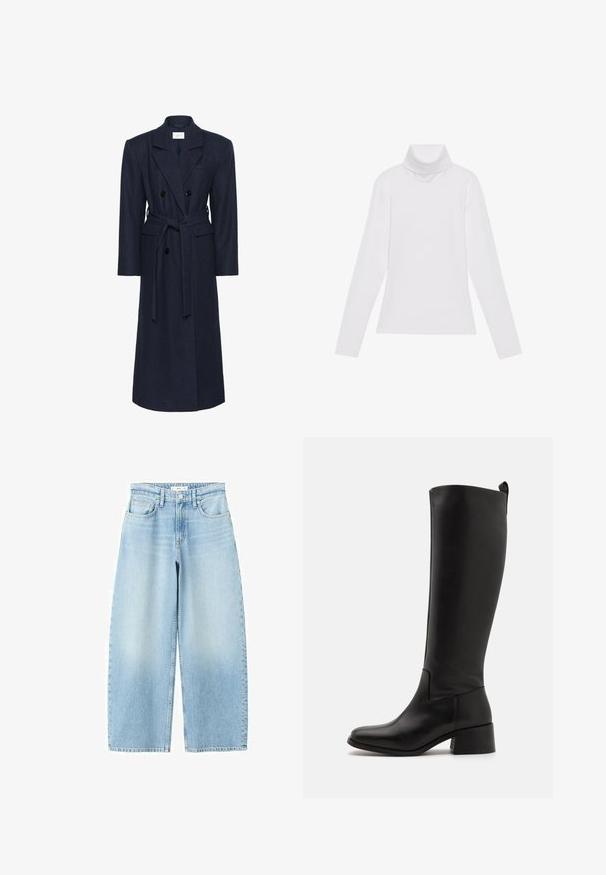 Doppelreihiger Wintermantel aus Navy-Wollmischung, lange Ärmel, selbstbindender Gürtel, zwei vordere Taschen, Reverskragen, strukturierter Stoff.; Weißes Langarm-Turtleneck-Oberteil aus glattem, elastischem Stoff. Mit hohem Kragen und tailliertem Schnitt, ohne sichtbare Muster oder Verzierungen.; Hellblaue Jeans mit weitem Bein, vorne mit Taschen, Gürtelschlaufen und Knopfverschluss.; Schwarze kniehohe Stiefel aus glattem Leder mit Blockabsatz, runder Spitze und einem eleganten, schlichten Design.