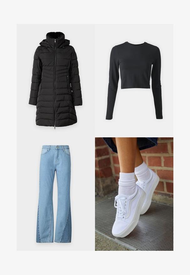 ONLY ONLHELEN PUFFER COAT - Zimný kabát - black; Čierna skrátená dlhá rukávová košeľa vyrobená z mäkkého, elastického materiálu. Má okrúhly výstrih a priliehavé rukávy, s jednofarebným dizajnom a bez vzorov.; Svetlomodré rozšírené džínsy vyrobené z denimovej látky, s vysokým pásom, bočnými detailmi a klasickým dizajnom s piatimi vreckami.; Biele plátené tenisky s gumovou podrážkou, s piatimi dierkami na šnúrky, okrúhlou špičkou a svetlými švami, doplnené o biele členkové ponožky.