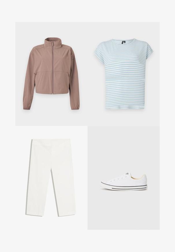 Veste mauve claire à fermeture éclair avec col montant, poignets élastiques et poches zippées, présentée à plat sur un fond blanc.; T-shirt rayé bleu clair en coton doux. Doté de manches courtes et d'un col rond. Rayures horizontales de largeurs variées.; Pantalon blanc droit avec un devant épuré, sans poches ni boutons visibles, présenté à plat sur fond blanc.; Baskets blanches en toile avec un profil bas, un embout rond, des rayures noires sur la semelle et six œillets pour les lacets. Finition en tissu texturé.
