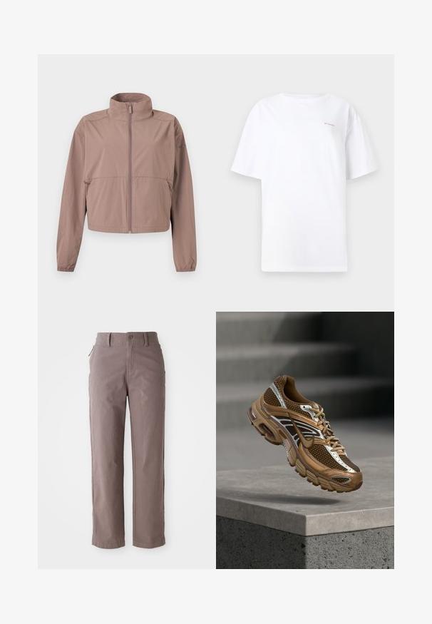 Veste mauve claire à fermeture éclair avec col montant, poignets élastiques et poches zippées, présentée à plat sur un fond blanc.; T-shirt blanc à manches courtes avec col rond et petit logo Columbia rose sur le haut gauche de la poitrine, sur un fond uni.; Pantalons en toile de coton marron avec une coupe droite, dotés d'une fermeture à bouton sur le devant et de poches latérales, texture lisse et lignes épurées.; Baskets Nike marron et beige avec mesh et détails réfléchissants flottant au-dessus d'un rebord en béton sur un fond gris flou.
